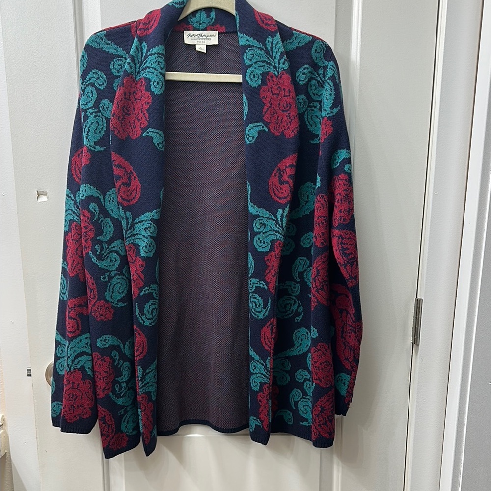 Norm Thompson Floral Sweater - Red and Green on Navy